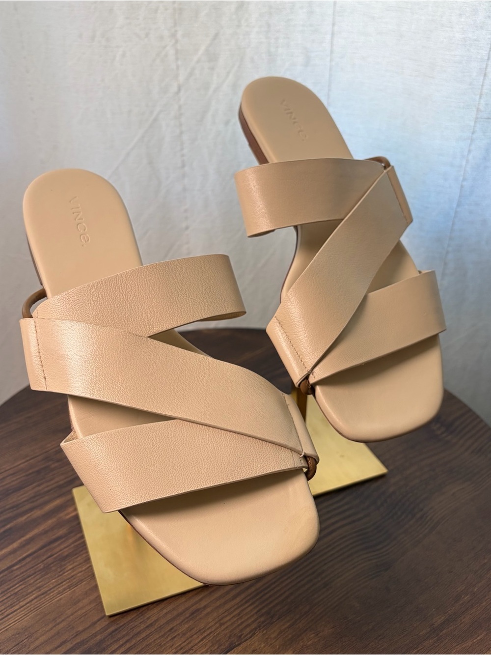 Vince Leather Cross Strap Slides Sandals Beige Cream 9.5